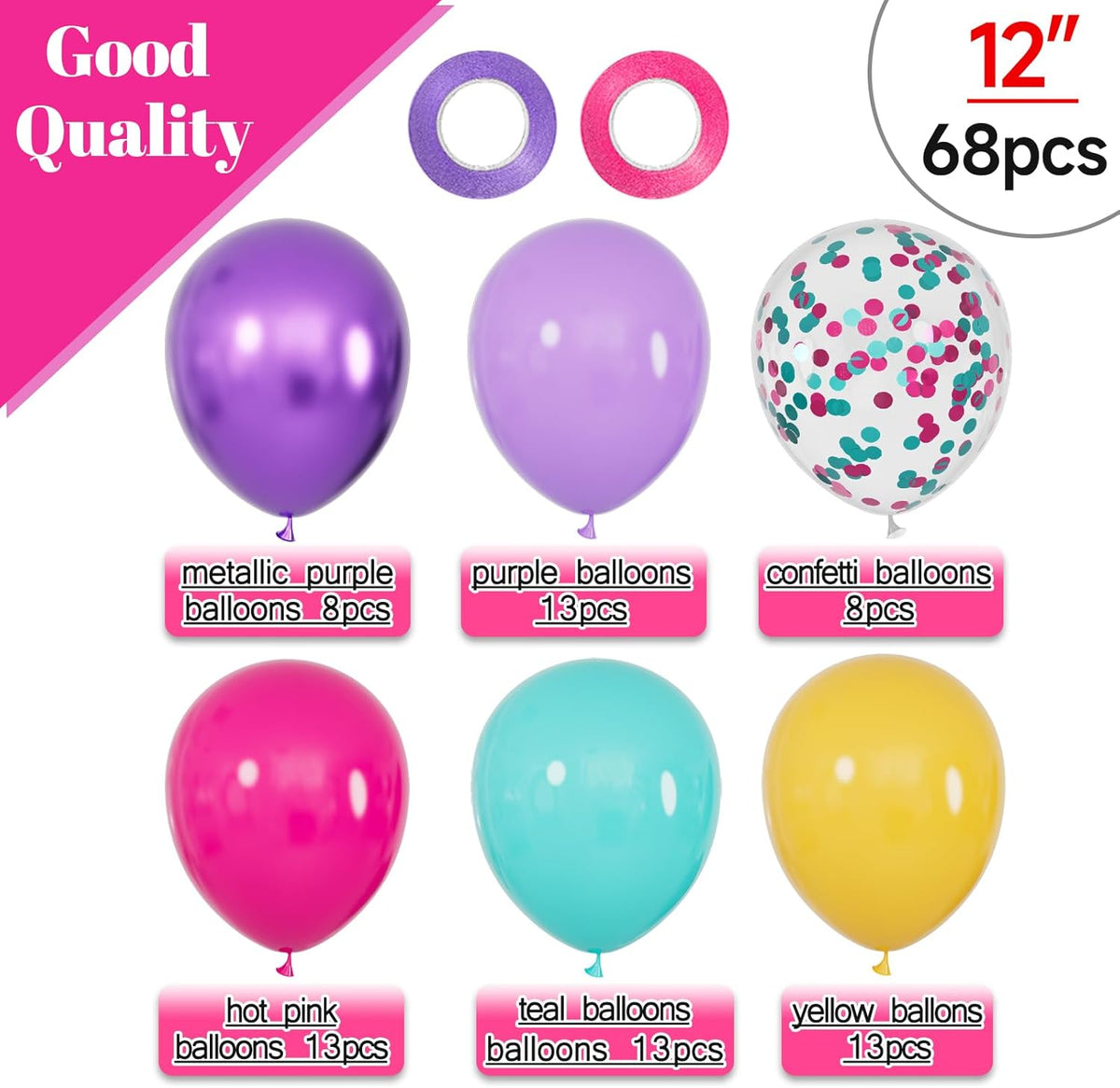68Pcs Pink Purple Blue Balloon 12 Inch Confetti Balloons Yellow Teal Balloon for Kids Birthday Baby