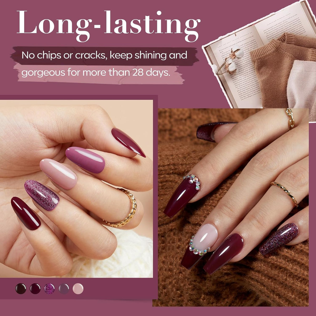 AZUREBEAUTY Dip Powder Nail Kit Starter Glitter Purple Nude Brown 8 Colors 30 Pcs with Nail Swatch