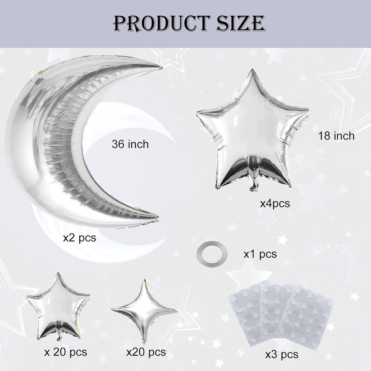 50pcs Silver Moon and Star Balloons,36"Moon Foil Balloons 18"10" Star Foil Balloons Four Pointed