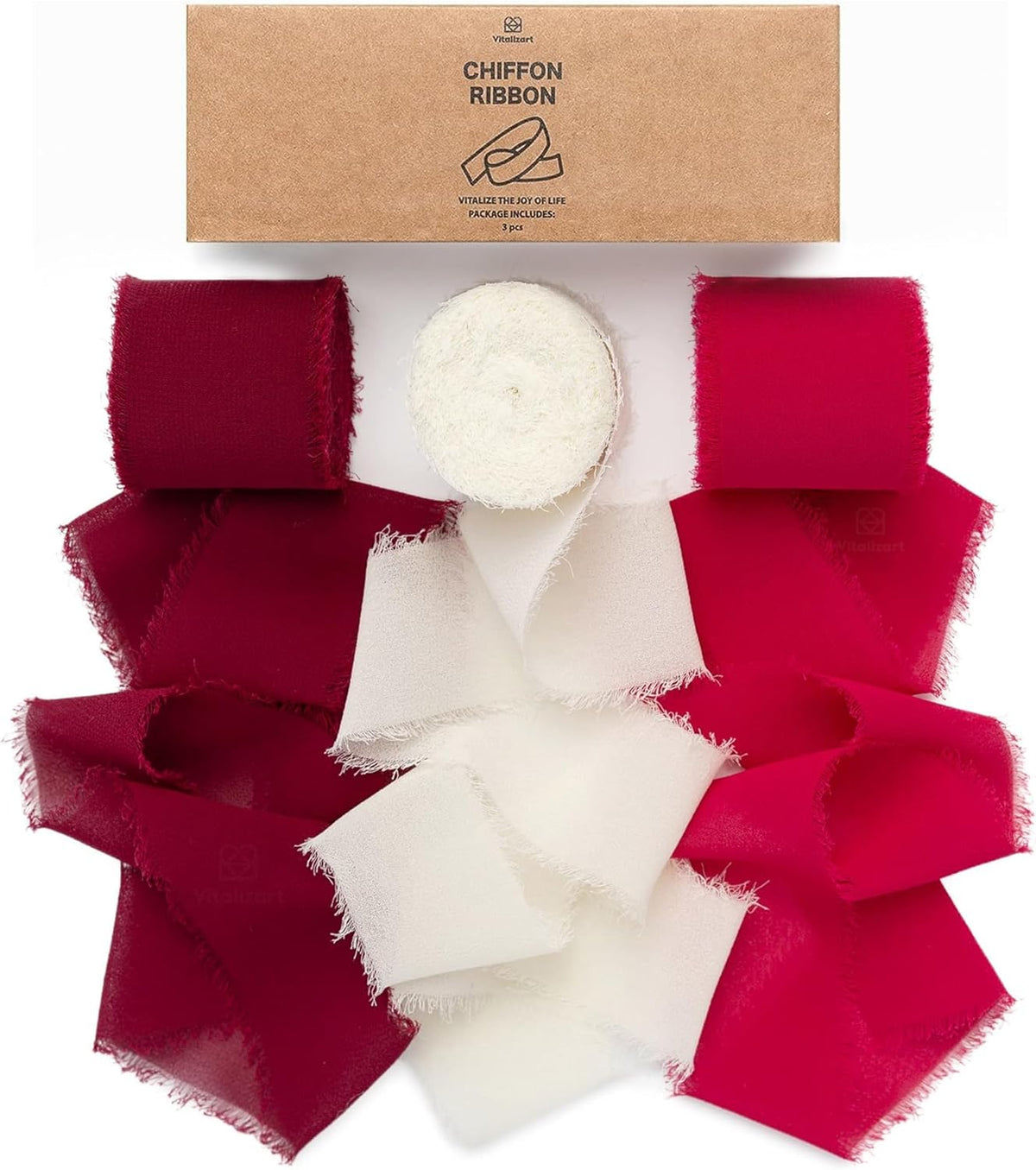 Vitalizart Red Handmade Chiffon Silk Ribbon Fringe 1.5" x 21 Yd Frayed Edges Ribbons for Wedding