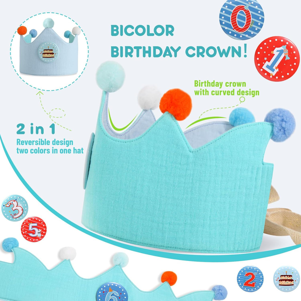 Reusable Birthday Crown with Numbers,Kids Birthday Hat Fabric Crown Pertain Kids Boy Toddler Girl