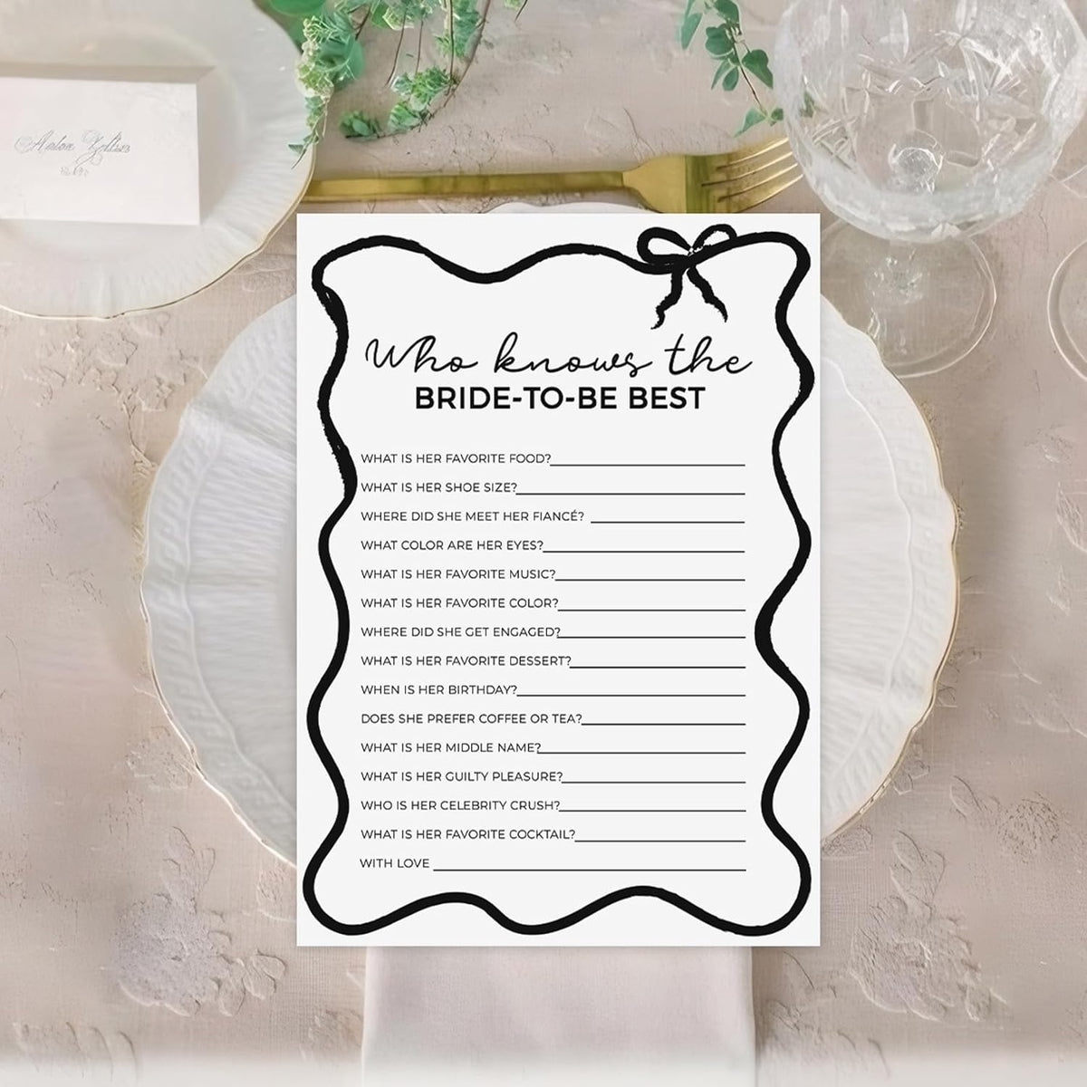 DEEKA 30 PCS Bridal Shower Games Card for 30 Guests Black Wavy Border Ribbon Bow Funny Wedding