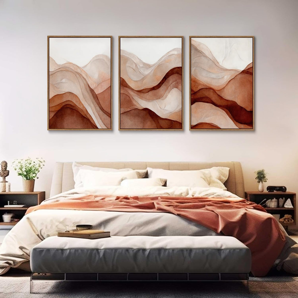 myusuar 3 Piece Large Abstract Framed Wall Art For Living Room, Smoke Texture Ink Warm Brown