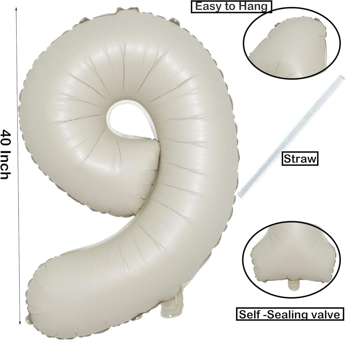 40 Inch Cream White Number 9 Balloon Mylar Big Foil Helium Number 19 29 39 49 59 69 79 89 99