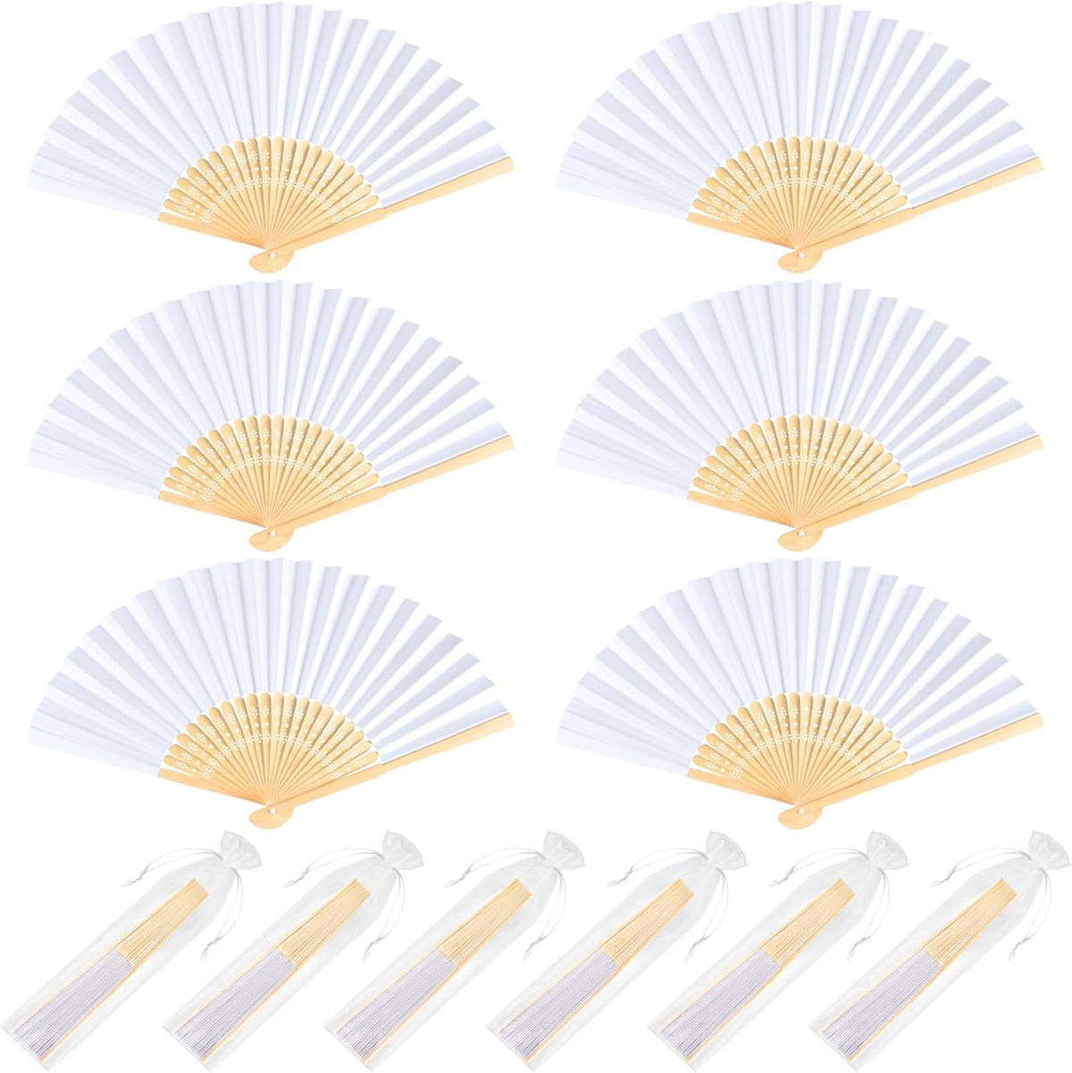 NEBURORA 6Pcs White Handheld Paper Fans 8.3 Inch Hand Held Bamboo Fans Foldable for Wedding