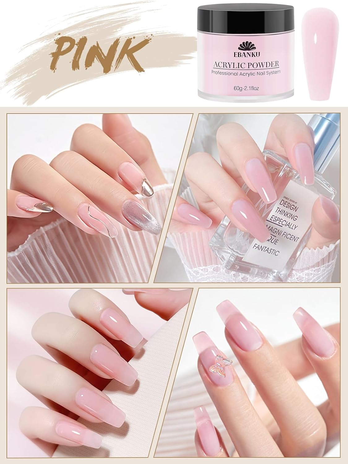 EBANKU Acrylic Nail Powder Set, 2 Colors Pink White Acrylic Powder Professional Nail Acrylic Powder