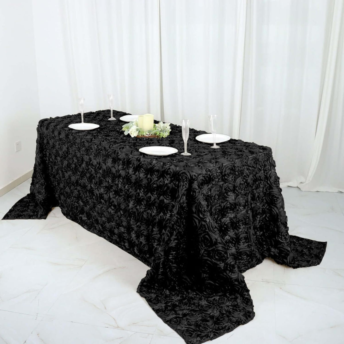 Efavormart 90"x132" Wholesale Rectangle Table Cover Black Grandiose Rosette 3D Satin Tablecloth for