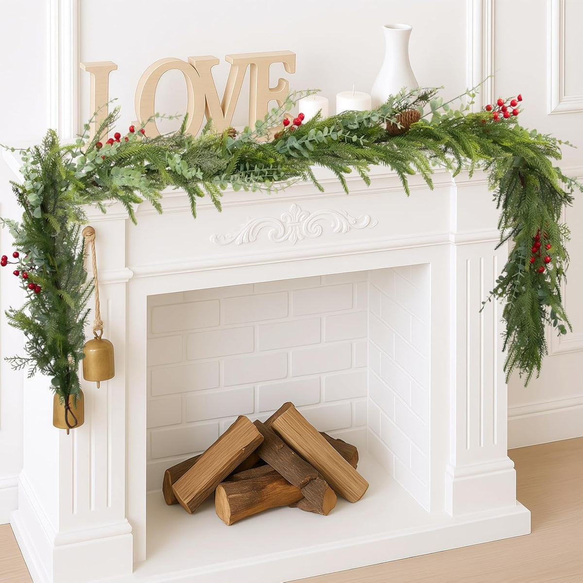 9FT Christmas Garland Norfolk Pine Tree Artificial Cedar Eucalyptus Greenery, Realistic Pine