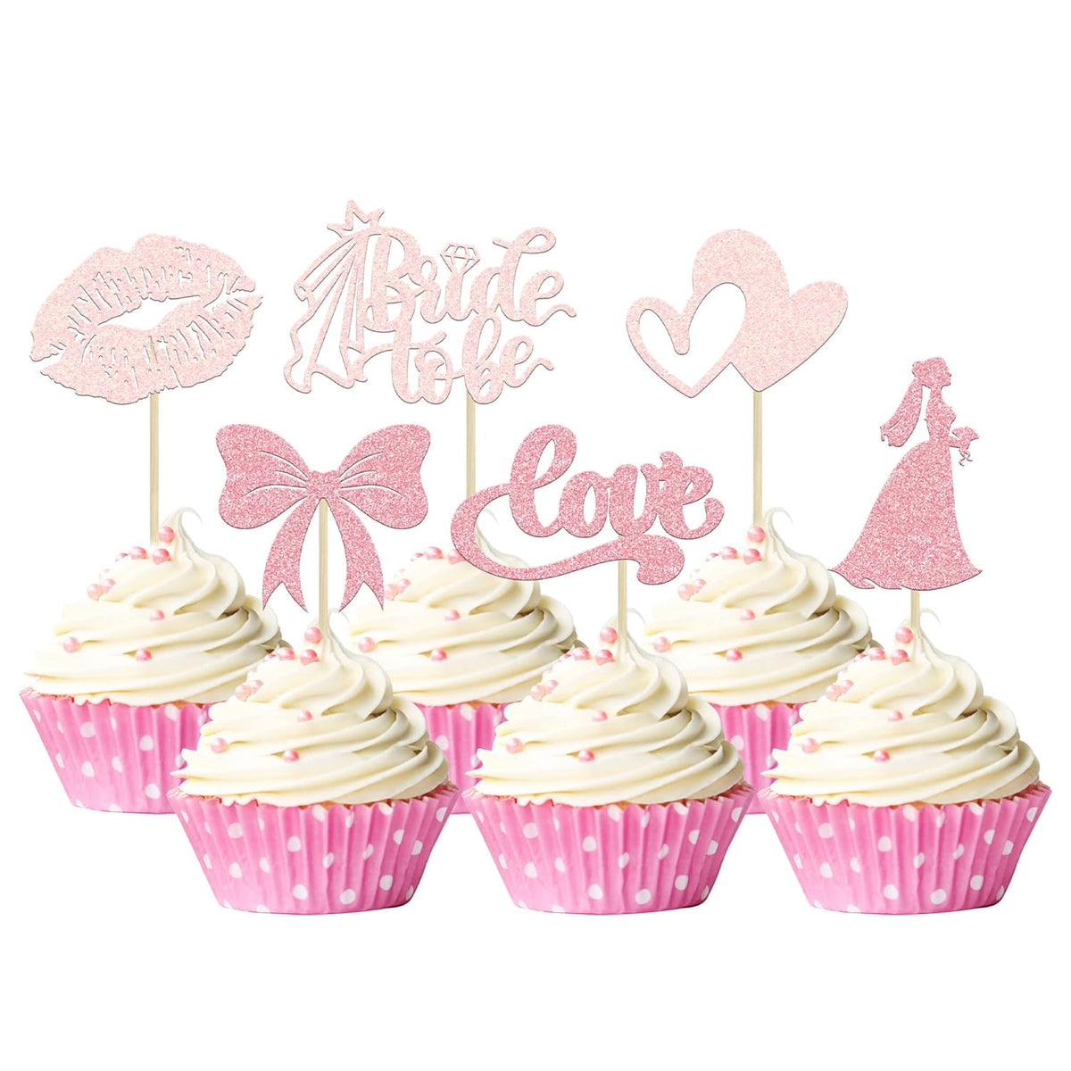 Gyufise 24Pcs Bride to Be Cupcake Toppers Pink Glitter Bow Tie Lip Princess Love Heart Bridal