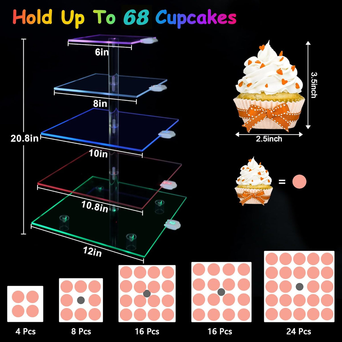 Cupcake Stand with Rechargeable Led, 5 Tier Clear Cupcake Holder, 7 Colors Light Cupcake Tower