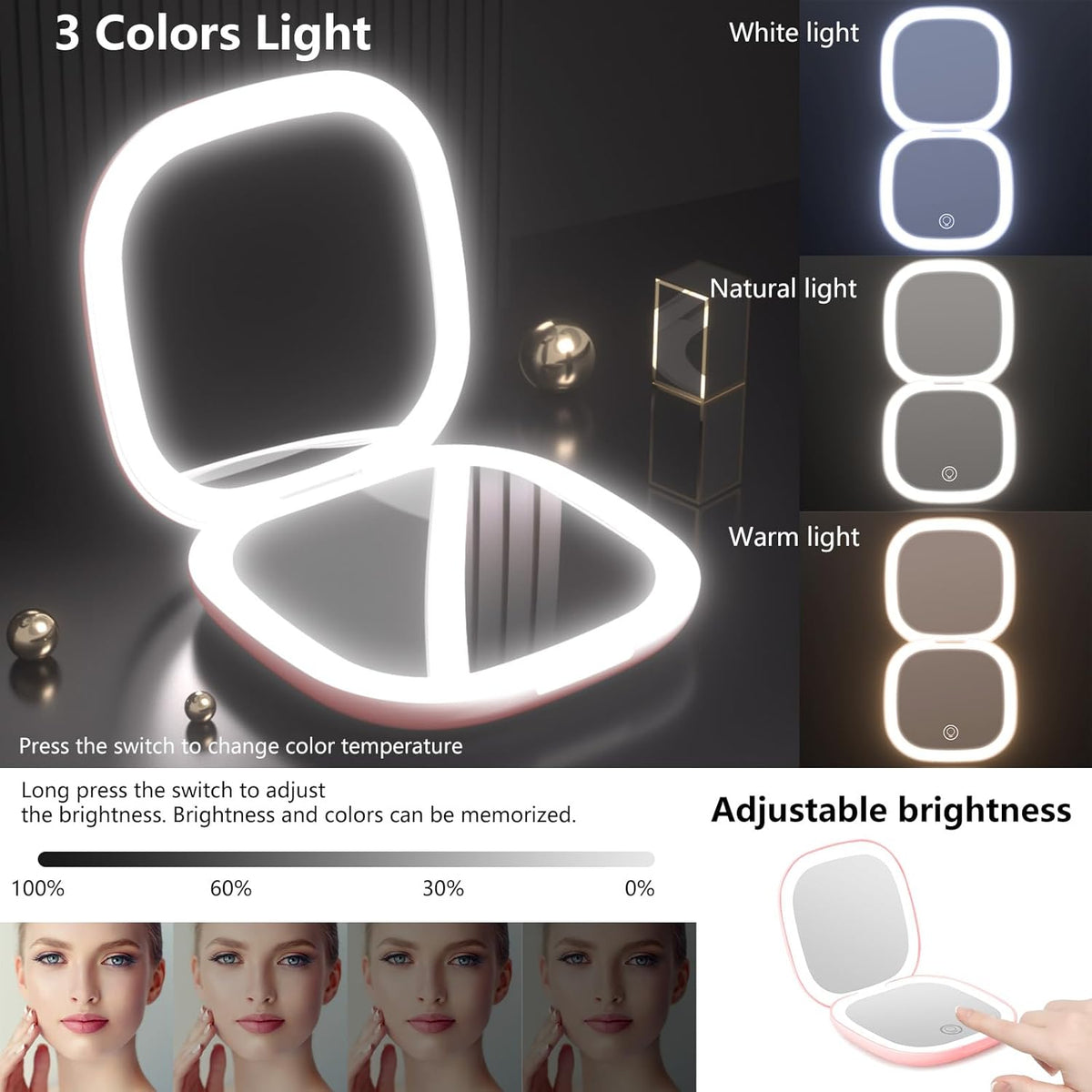 Travel Magnifying Mirror with Light,Dual-Sided Compact Mirror for Purse with 15X Magnification, 3