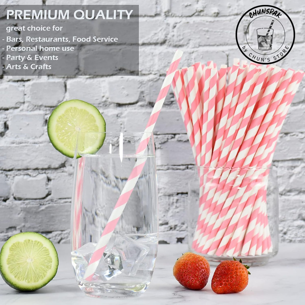 [1000 Count] Chunspak Pink and White Striped Paper Drinking Straws Bulk, 7.75" x0.24", Unwrapped