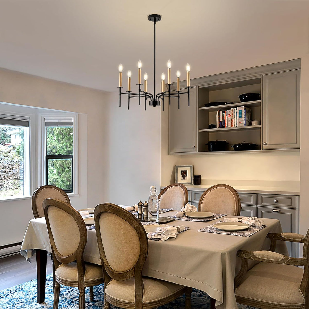 8 Light Modern Farmhouse Black and Gold Chandelier for Dining Room Over Table,Hanging Ceiling