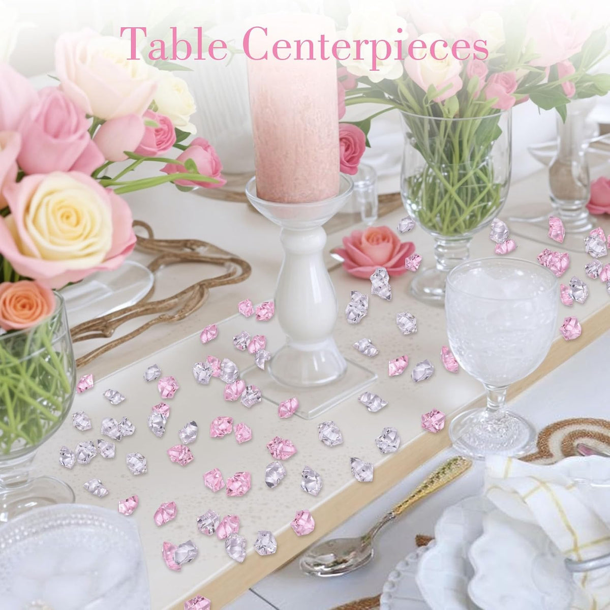 DomeStar Fake Ice, 150PCS Acrylic Fake Diamonds Vase Fillers Pink and Transparent Rocks Plastic