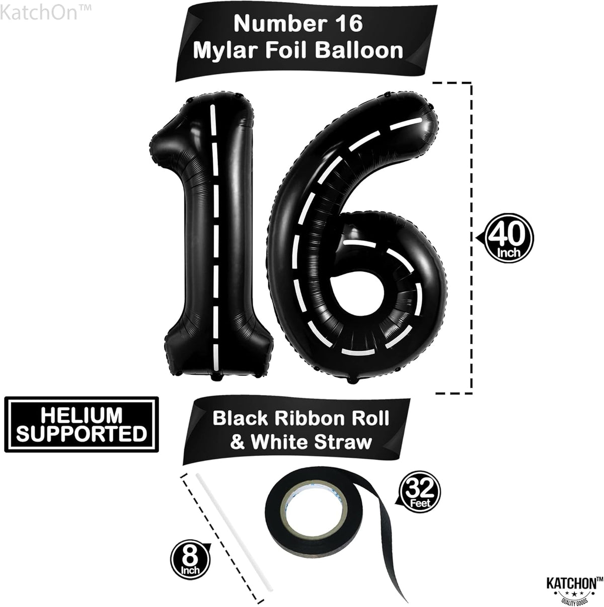 KatchOn, Giant Black 16th Birthday Balloons - 40 Inch | 16 Balloon Numbers, 16th Birthday