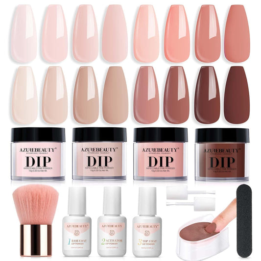 AZUREBEAUTY Dip Powder Nail Kit Starter, All Season Skin Tone Nude Brown 4 Colors Acrylic Dip