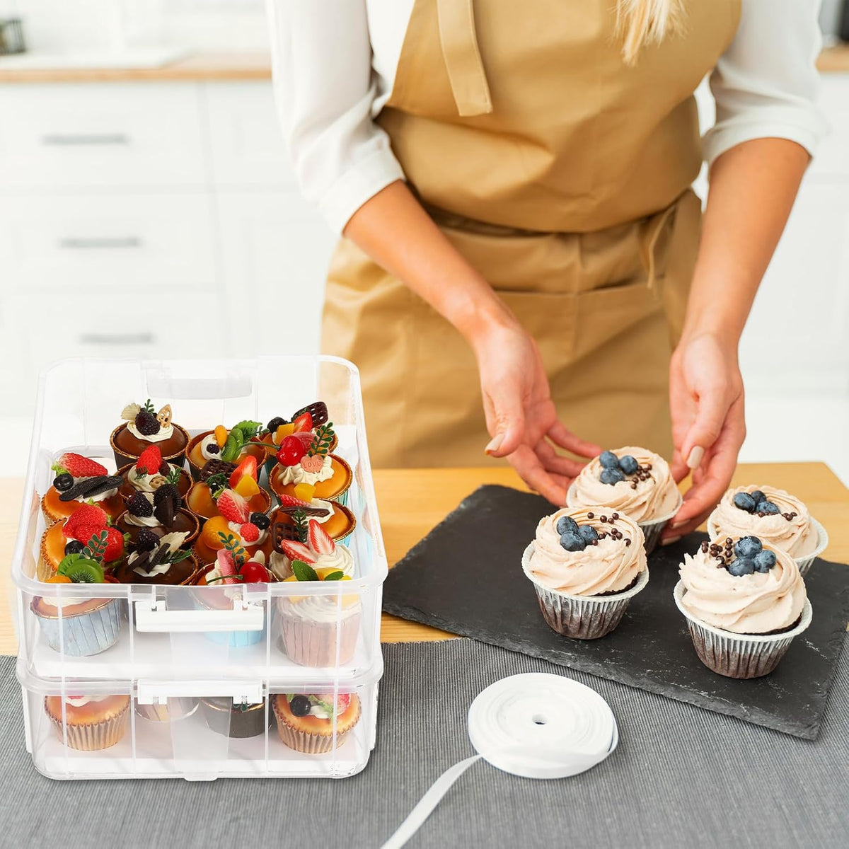 36 Cupcakes Carrier 2-layer for Cake Container Cupcake Holder with Lid and Handle Detachable