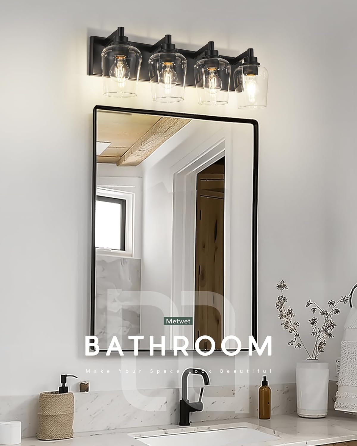 Bathroom Light Fixtures, 4-Light Modern Vanity Light with Clear Glass Wine Glass-Shaped Shade