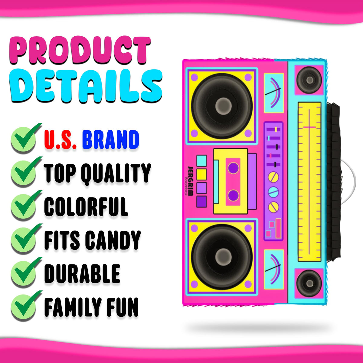 Jergrim Boombox Piñata 4-Piece Set perfect for Retro Birthday Party, Decorations, 80s Parties, Hip