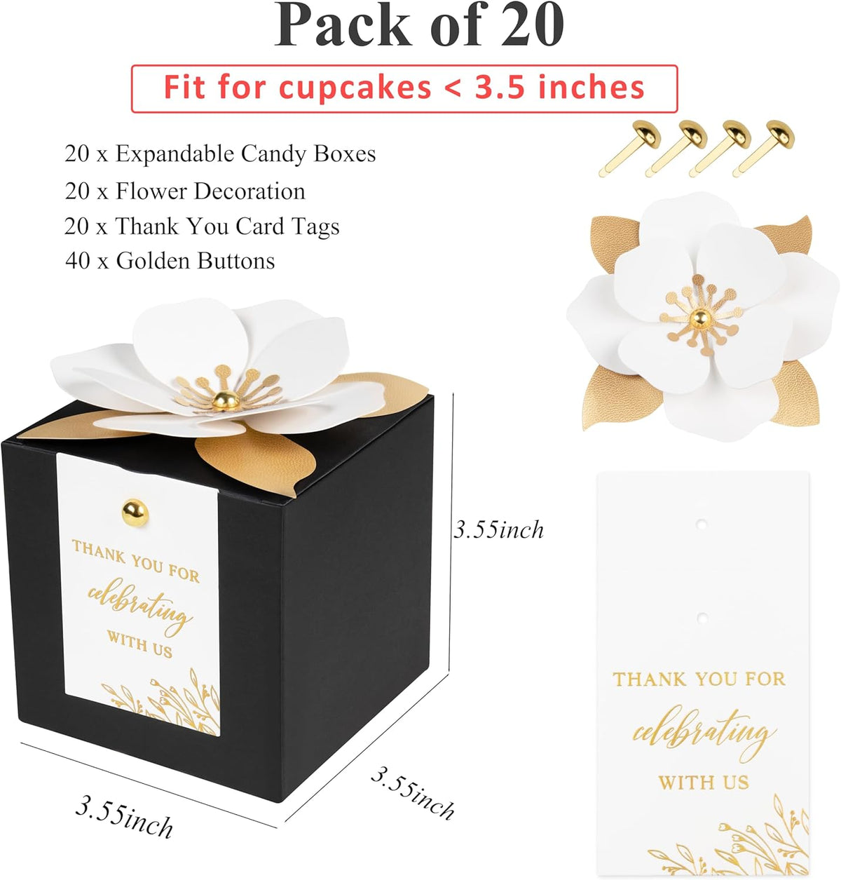 FEIYI 20 PCS Black Gift Boxes, 3 In 1 Favor Boxes with Floral Decor, White Thank You Tags Cupcake