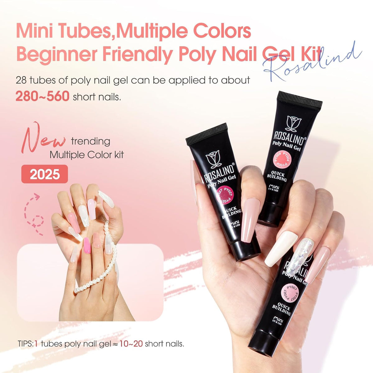 ROSALIND 28 Colors Poly Nail Gel Kit with Mini U V/LED Lamp White Nude Poly Nails Gel Kit Starter