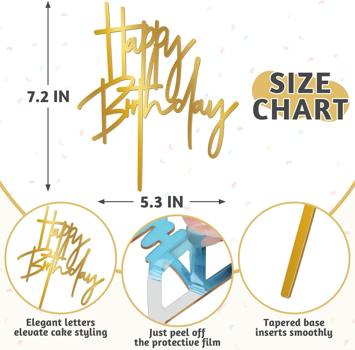 1PCS Gold Birthday Cake Topper, 5.3 x 7.2 Inches Acrylic Happy Birthday Cake Sign, Glitter Mirror