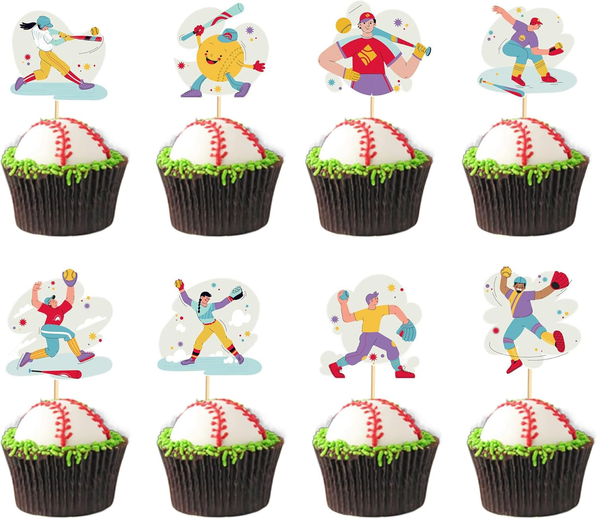 24pcs Baseball Cupcake Toppers Sports Game Baseball Players Cupcake Picks for Sports Baseball Theme