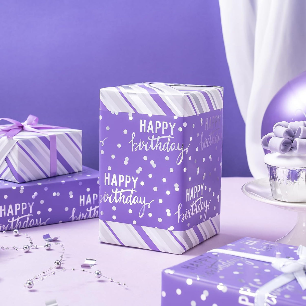 LeZakaa Purple Birthday Wrapping Paper Roll for Girls Women, Happy Birthday Lettering & Stripe