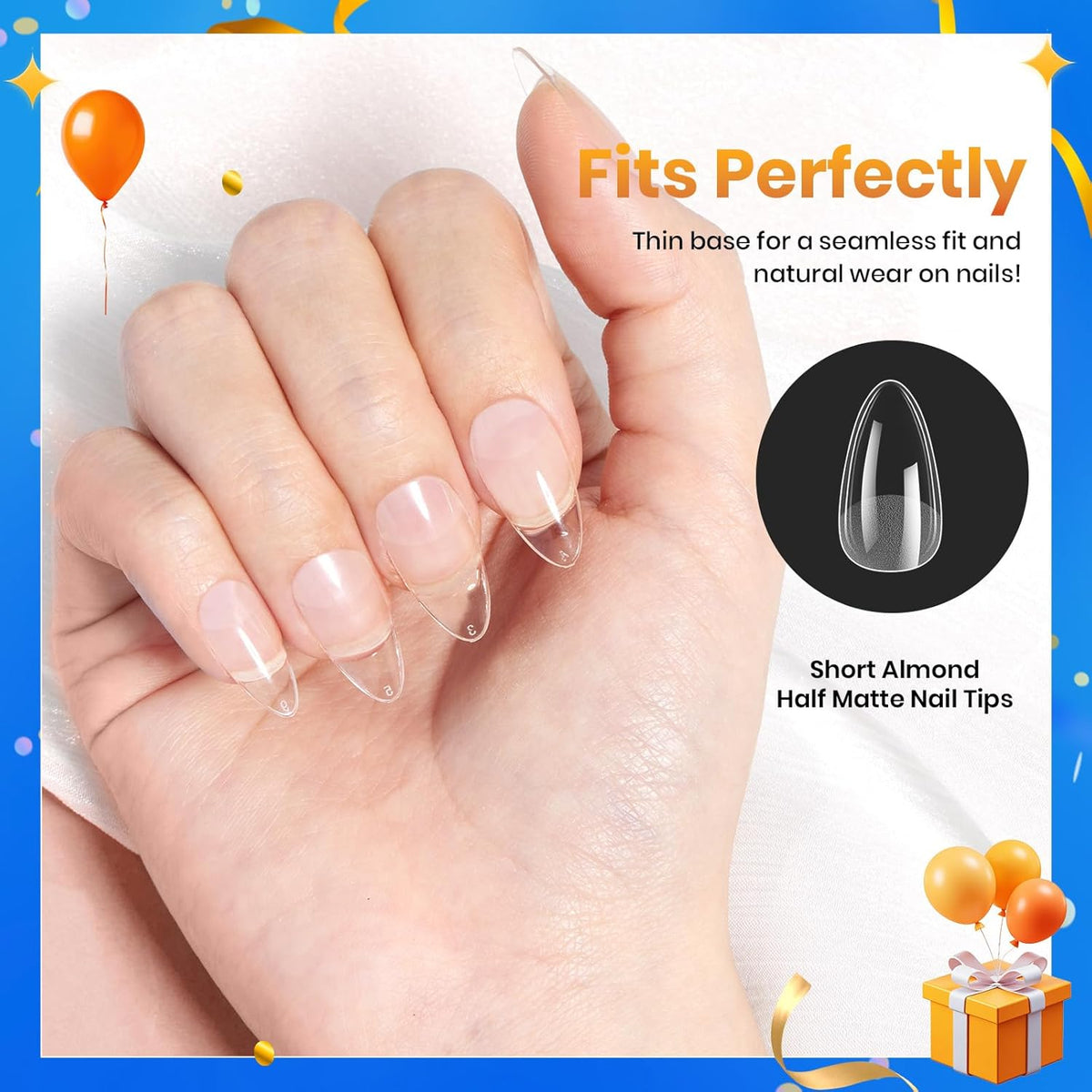 Beetles Short Almond Nail Tips: 12 Sizes 288 PCS Half Matte Full Cover Gel Tips Clear Acrylic Gel