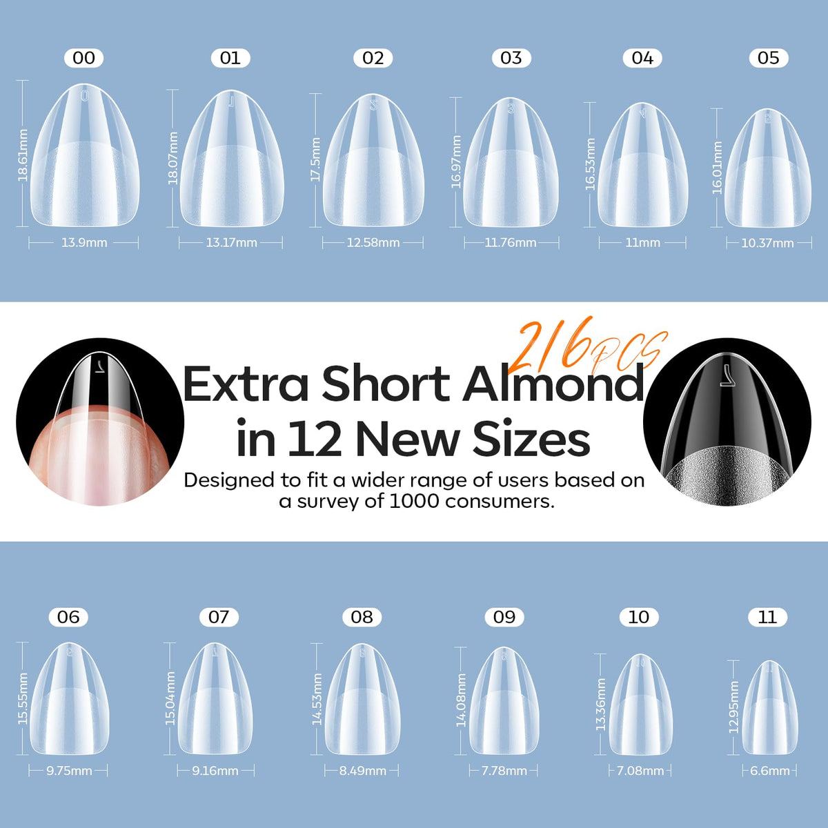 modelones Extra Short Almond Gel Nail Tips Kit, 9-in-One Nail Glue with Portable U V Lamp 216Pcs
