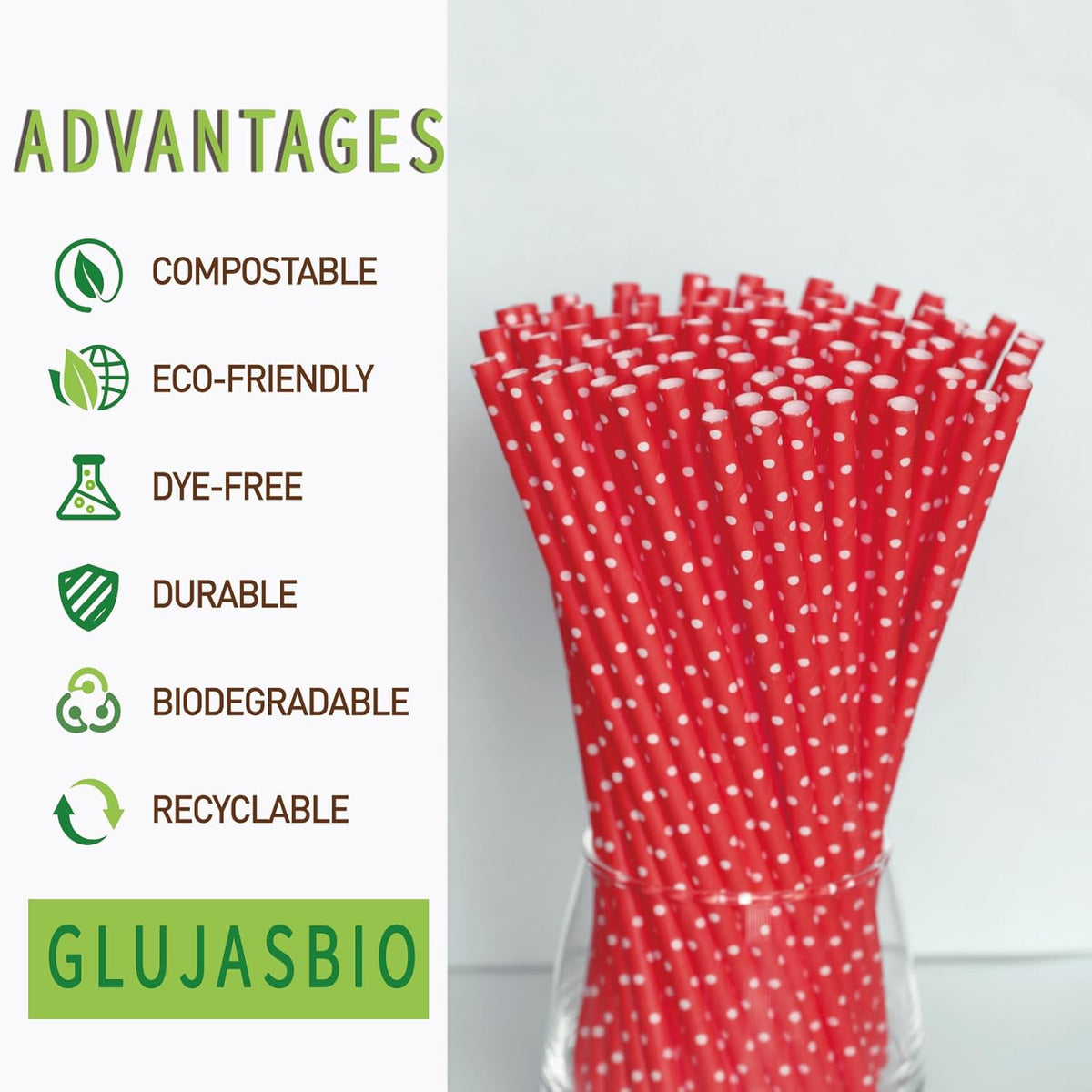 Red Paper Straws White Polka Dot Disposable Paper Drinking Straws for Parties, Weddings - 100 Pack