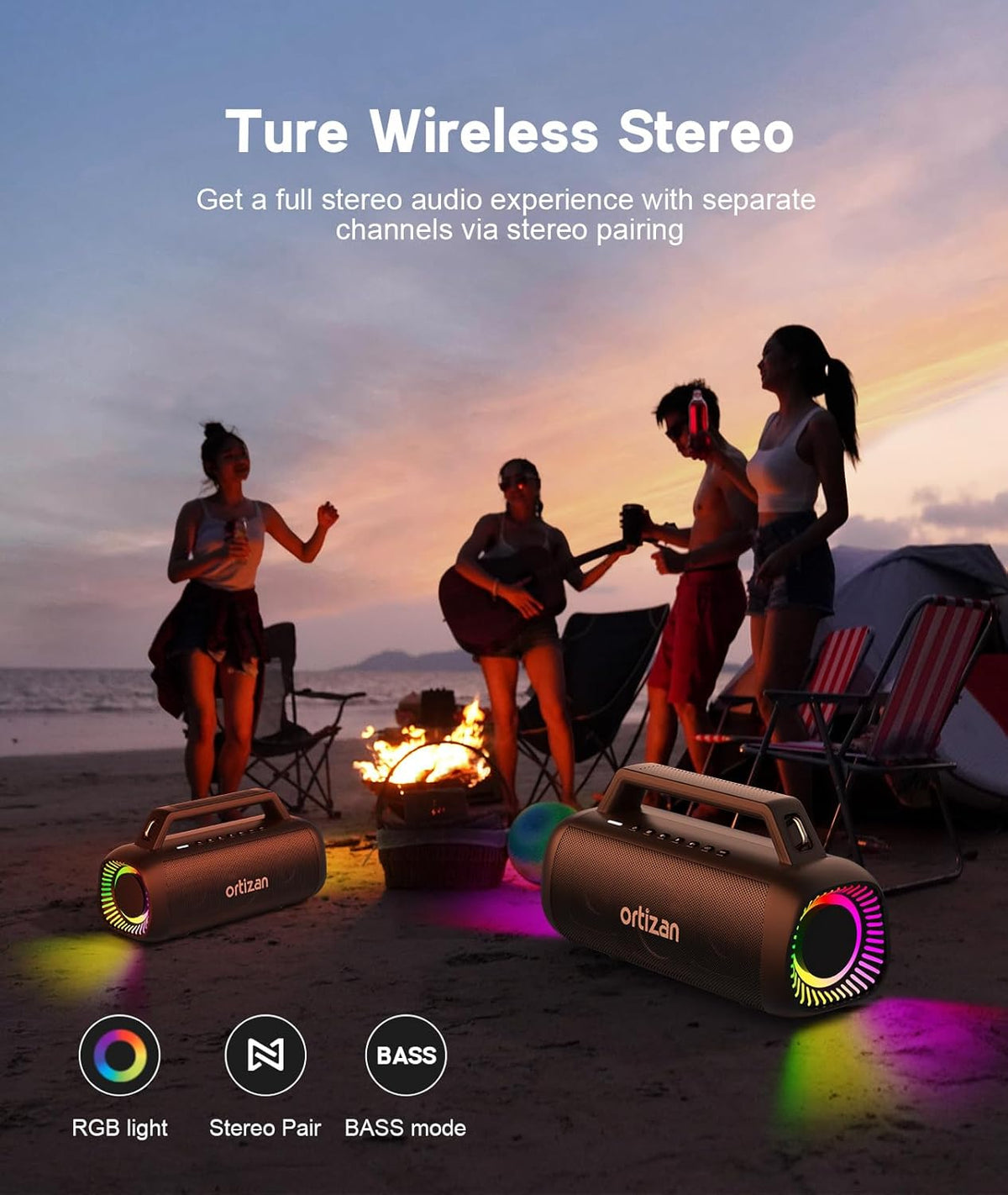 Ortizan Portable Bluetooth Speaker Loud, 80W Peak, Bass Up, 20H Playtime, IPX7 Waterproof, RGB