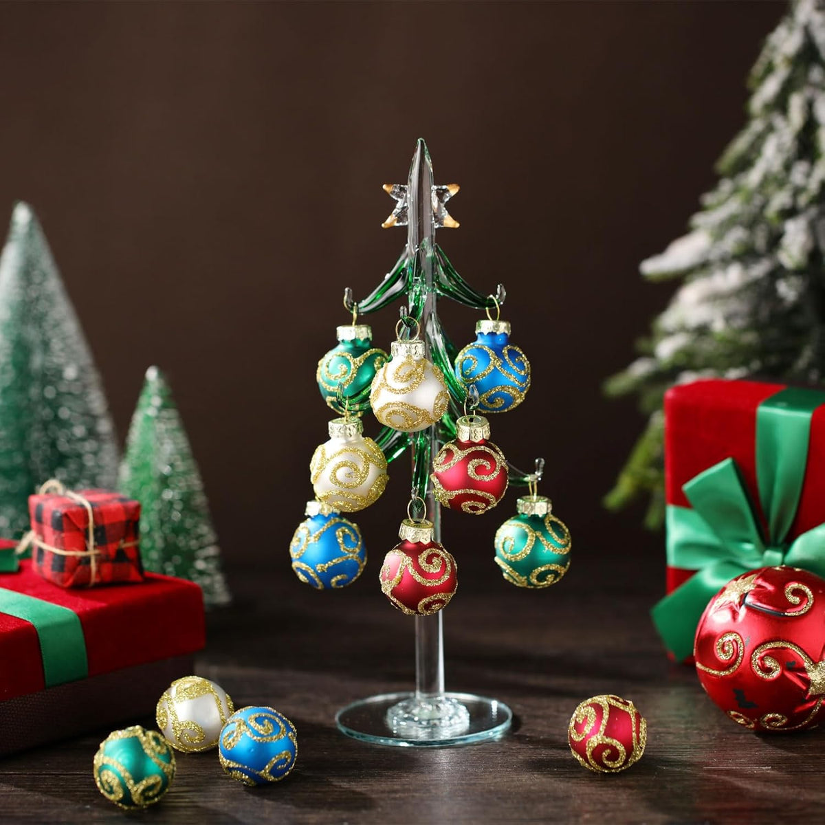 Glass Christmas Tree with 12 Ornament Glitter Balls Tabletop Wine Glass Charms Miniature Christmas