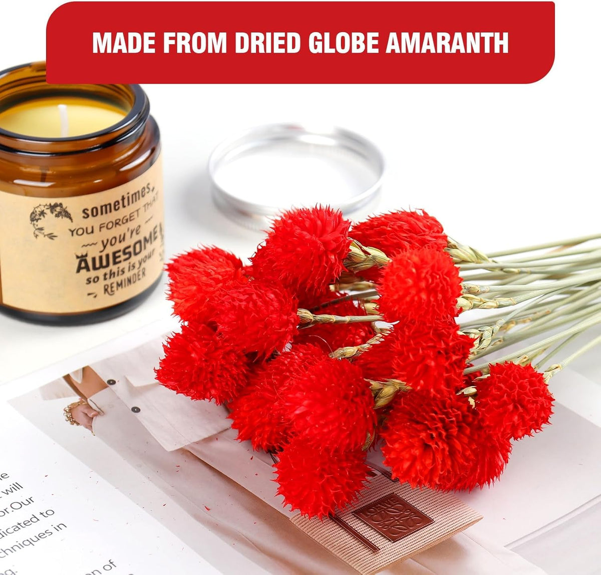 Dried Globe Amaranth Flower with Wheat Straw 40PCS Bouquet for Vase Home Decor Party DIY