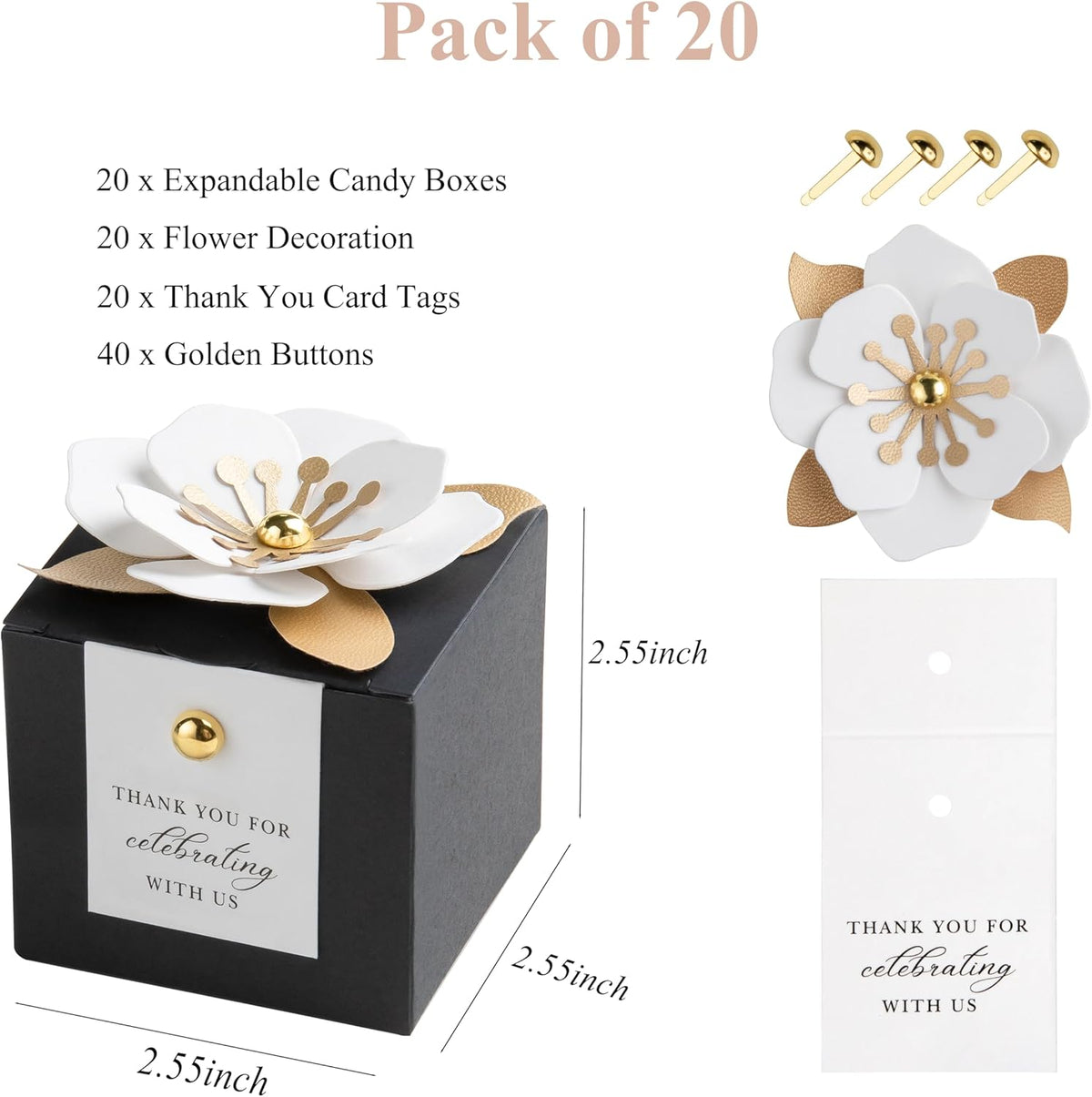 FEIYI 20 PCS Candy Boxes, 3 In 1 Black Favor Boxes with Floral Decor, White Thank You Tags Gift