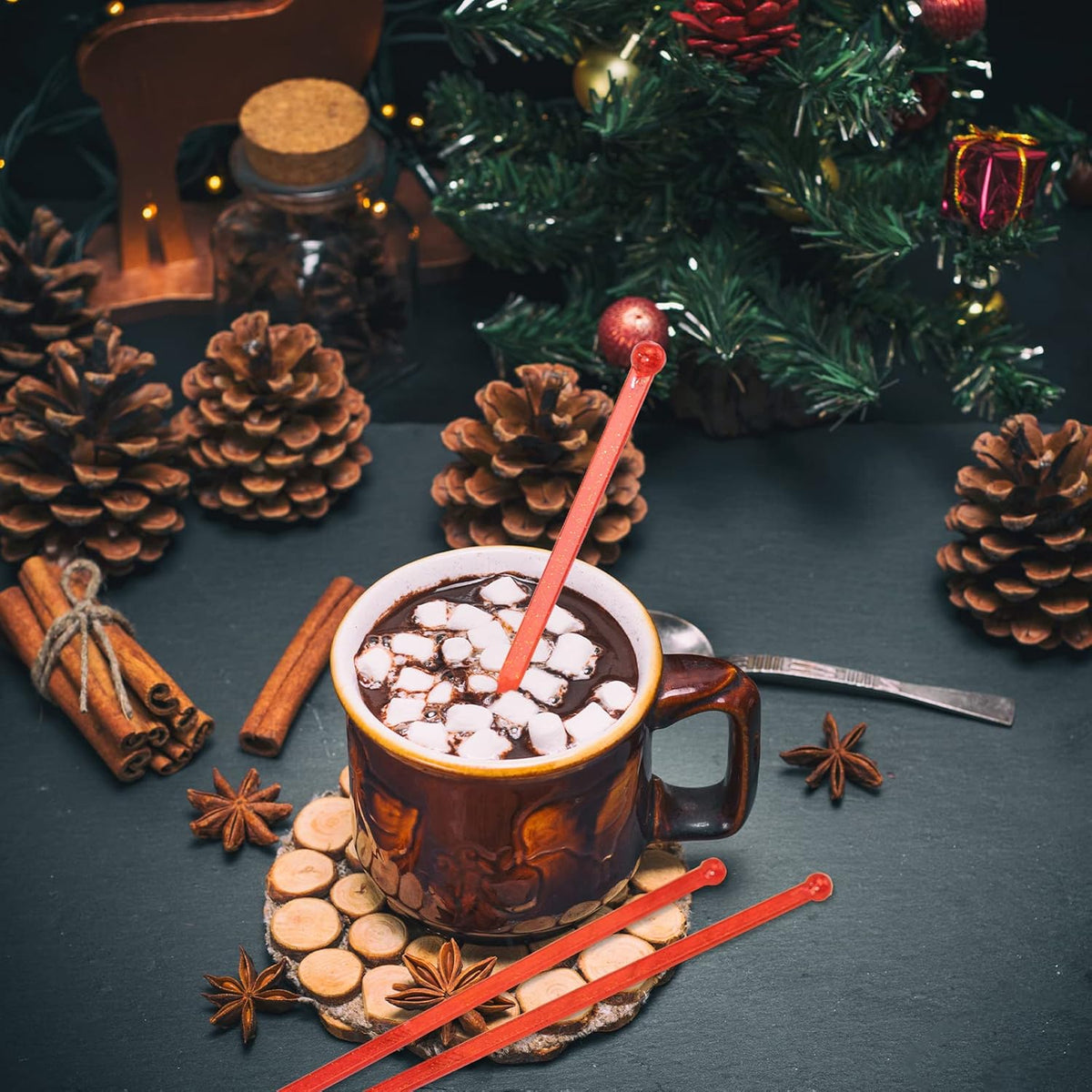 50-PCS Christmas Red Glitter Plastic Swizzle Sticks, Crystal Cake Pops, Cocktail Coffee Drink