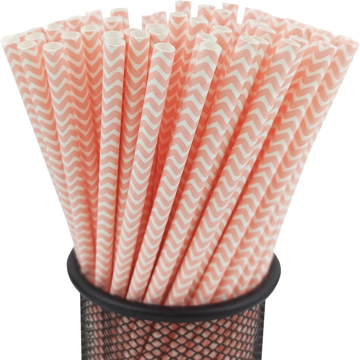 YAOSHENG Premium Disposable Waves Striped Drinking Paper Straws, Pack 100 Pink Waves Paper Straws