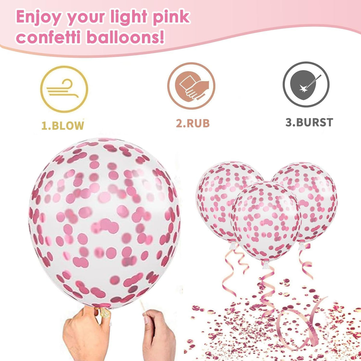 Light Pink Confetti Balloons, 50pcs 12 Inch Metallic Pink Balloons and Hot Pink Latex Balloons Baby