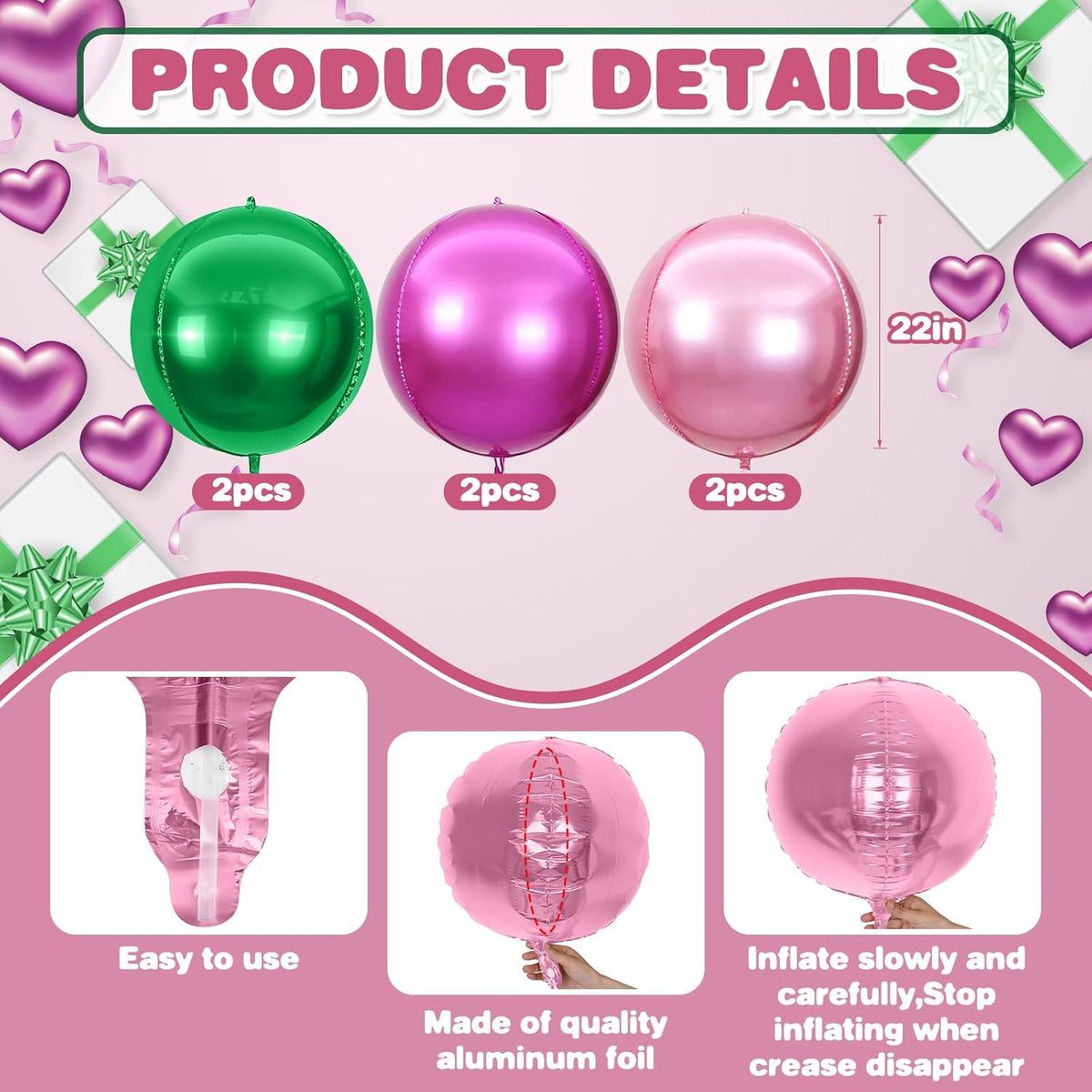 6Pcs Green Pink Round Foil Balloons,Giant 4D Round Ball Balloon,22 Inch Metallic Green Pink