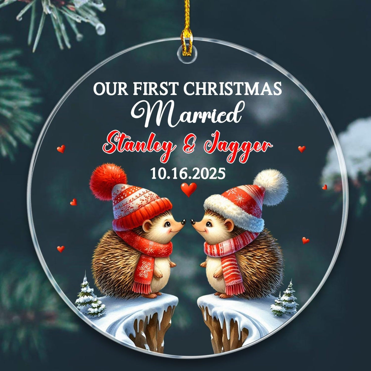 Our First Christmas Married Ornament, Custom Date/Name Mr & Mrs Hedgehog Ornament Gift for