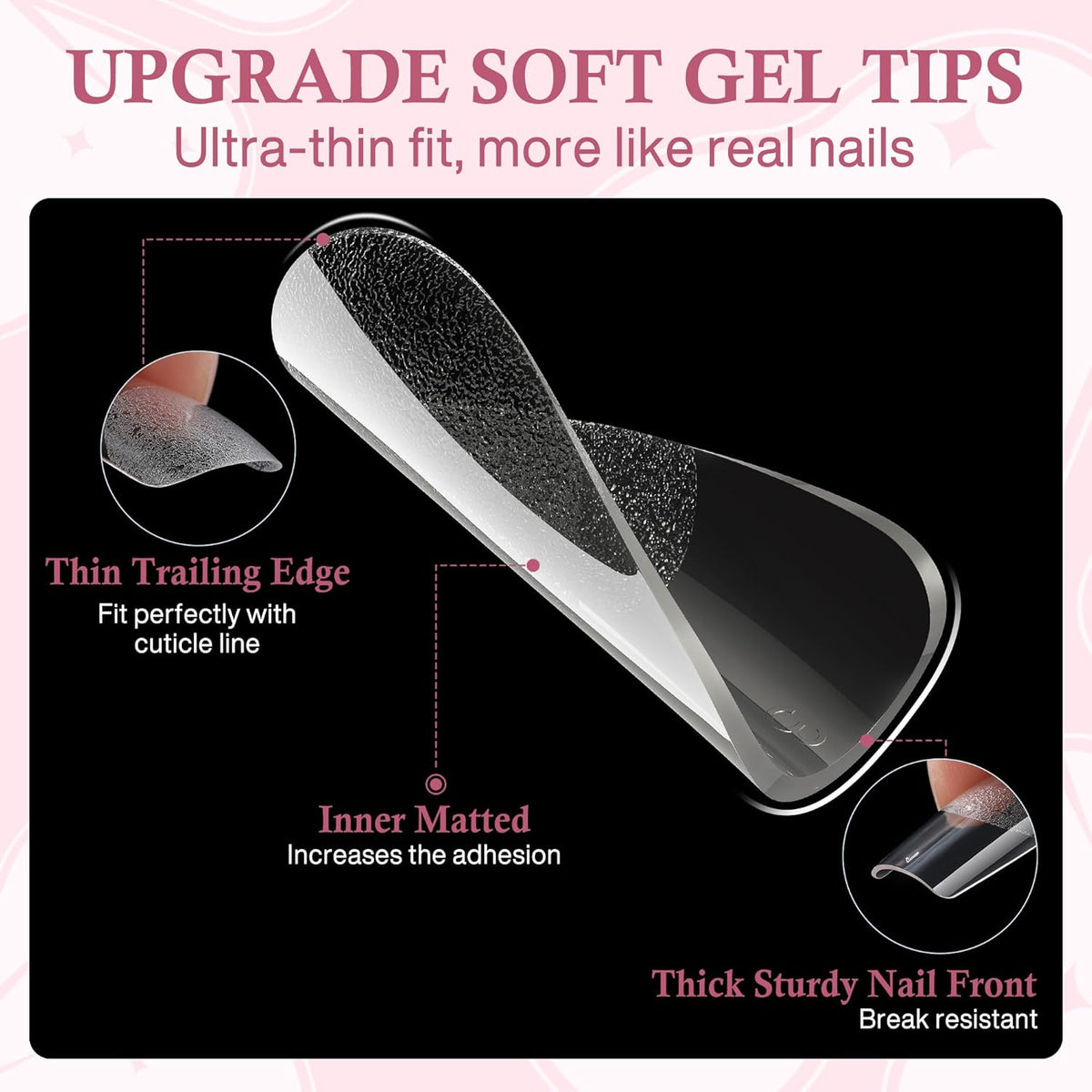 Medium Square Nail Tips, 360pcs Soft Gel Pre-Shaped Acrylic Fake Nails, Half Matte Full Cover Clear