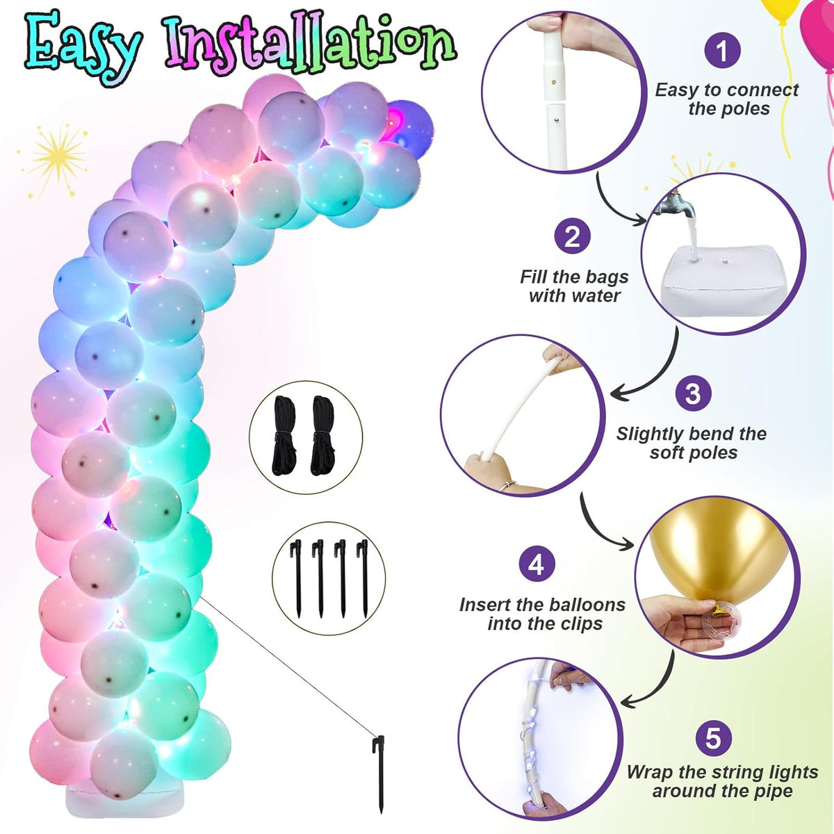 AerWo Lighted Balloon Arch Kit 8.2FT & 6FT, Free Bending Top Half Balloon Arch Stand with Base