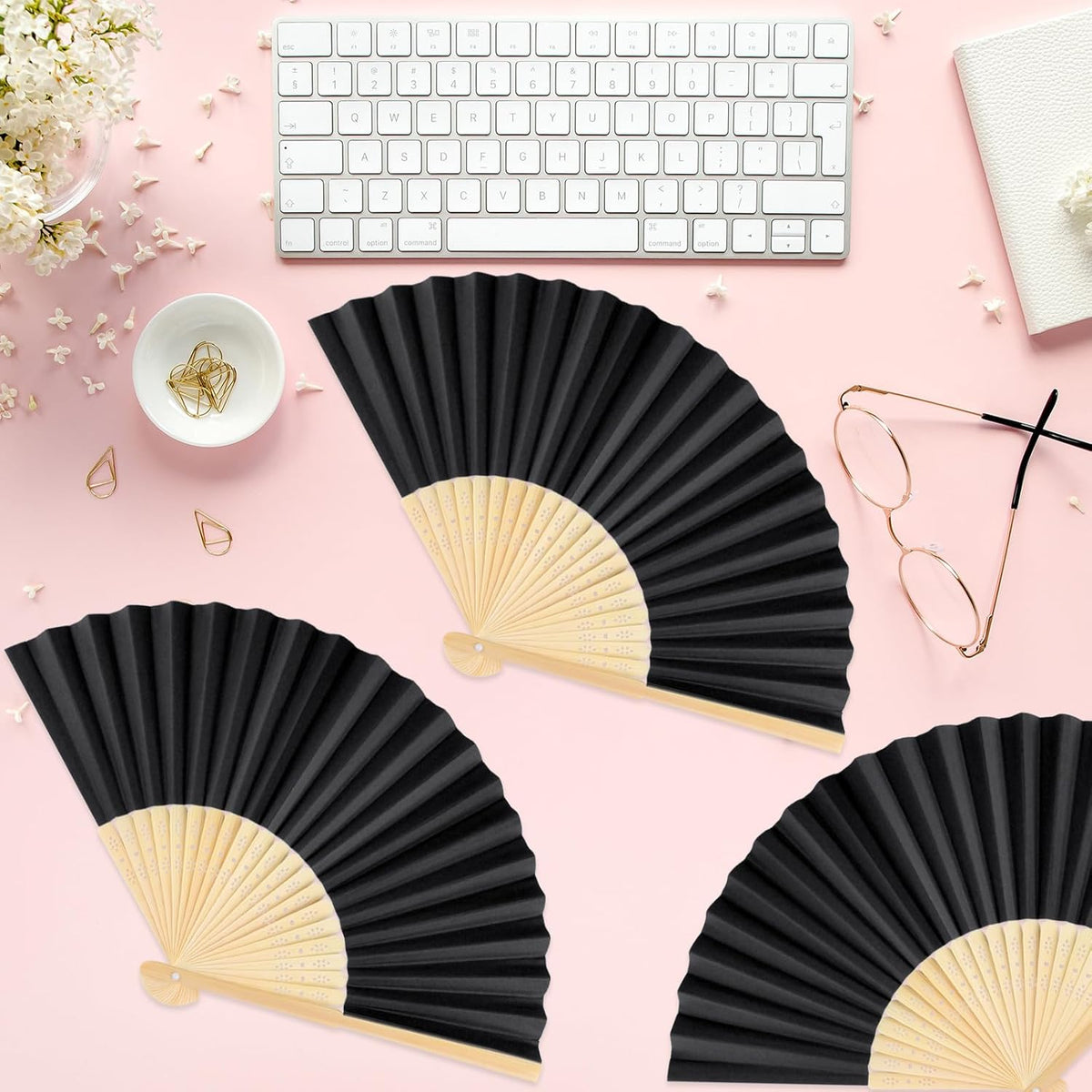 6 Pieces Black Hand Held Bamboo Folding Fans Foldable Paper Fans Handheld for Women Girls Wedding