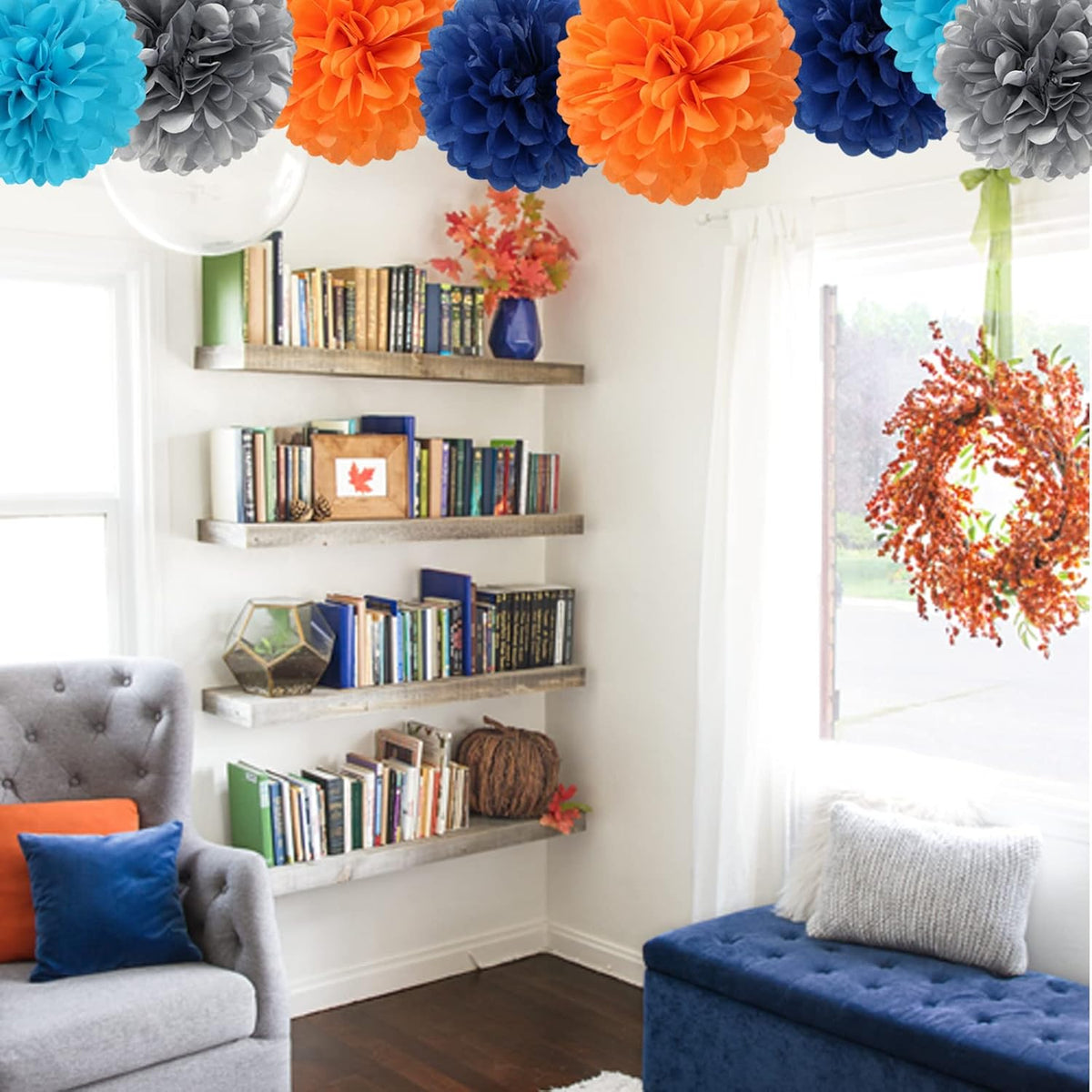 Blue-Silver Orange Space Party-Decorations Streamers-Garland - 30pcs Graduation 2025 Tissue Pom