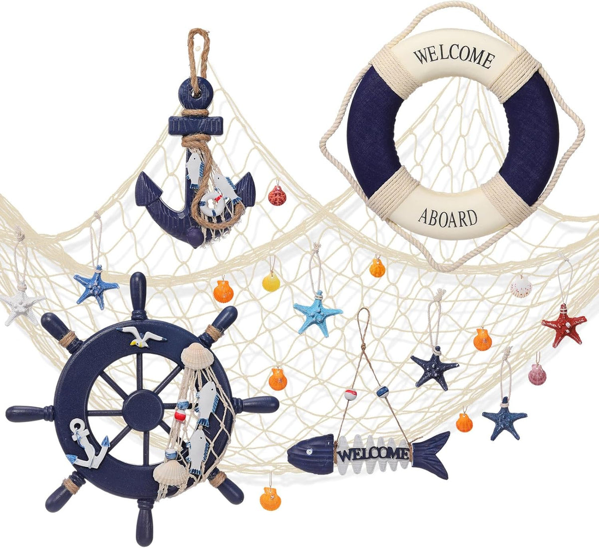 Marsui 11 Pcs Wooden Nautical Wall Decor Fishing Net Decoration, Include Decorative Fishing Net