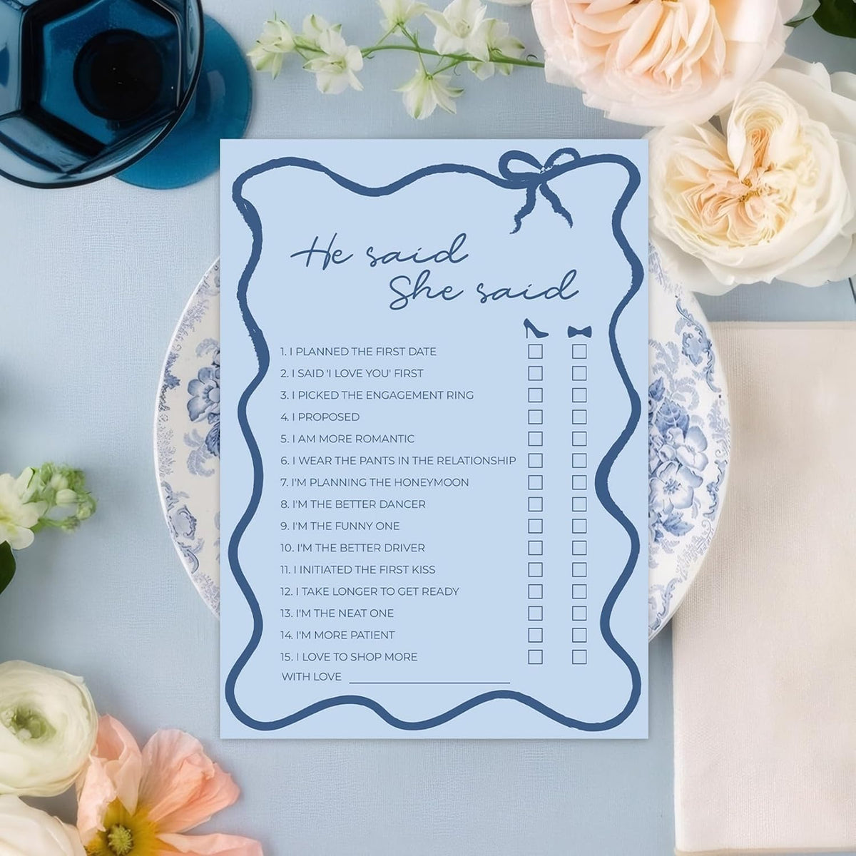 DEEKA 30 PCS Bridal Shower Games Card for 30 Guests Blue Wavy Border Ribbon Bow Funny Wedding