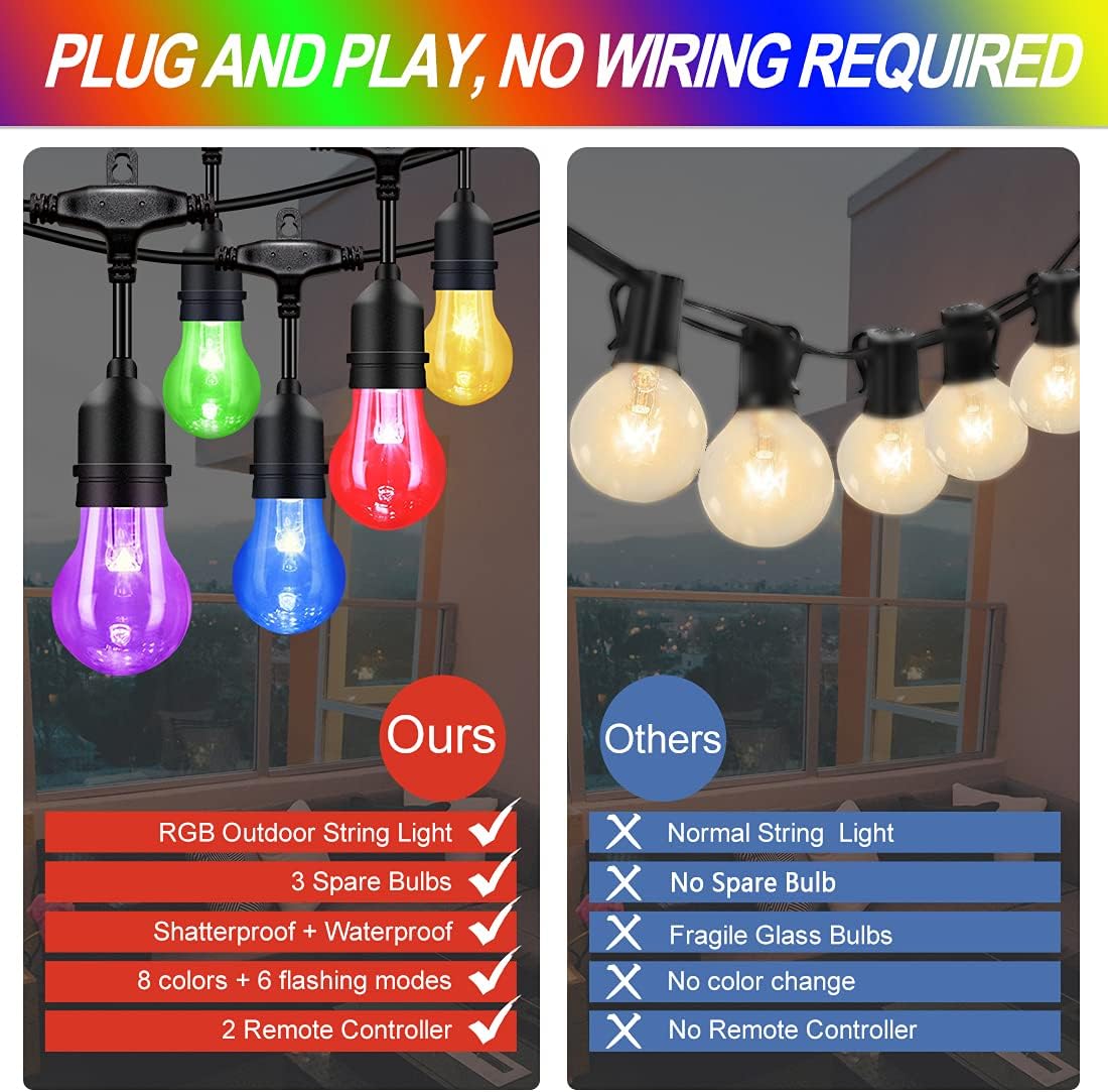 96FT Solar Outdoor String Lights, 30 Shatterproof Edison Bulbs, Dimmable Color Changing RGB LED