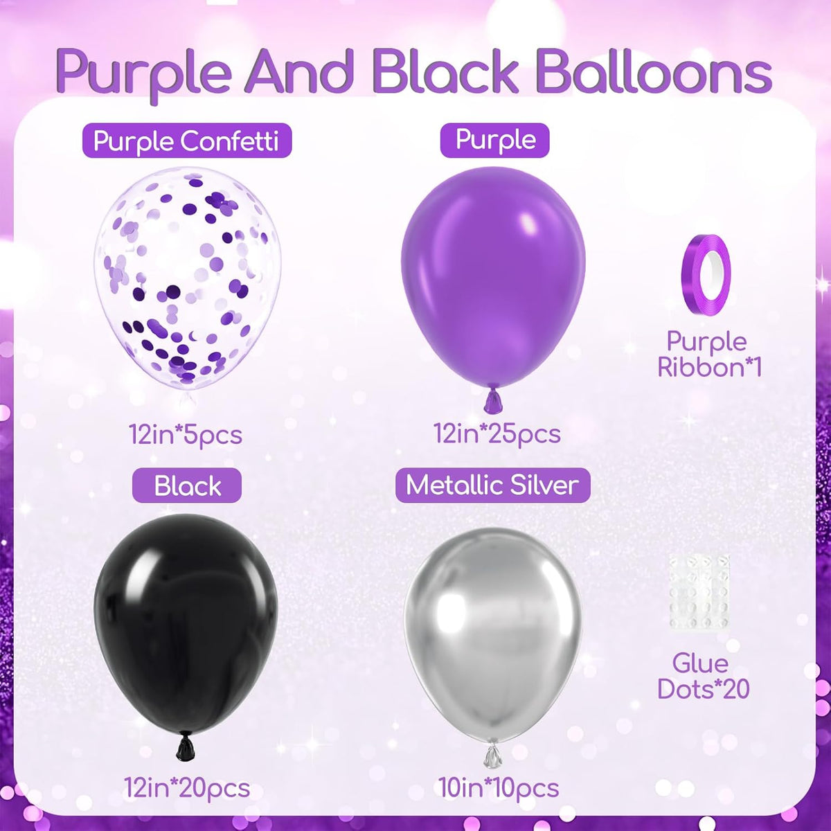60pcs Purple and Black Balloons 12inch, Purple and Silver Balloon with Metallic Silver Confetti