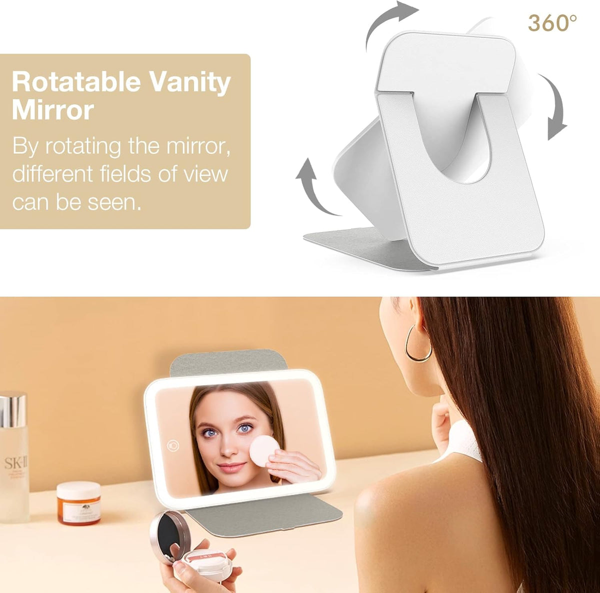 Kintion Travel Makeup Mirror, Portable LED Lighted Makeup Mirror, 360° Rotation Touch Screen Vanity