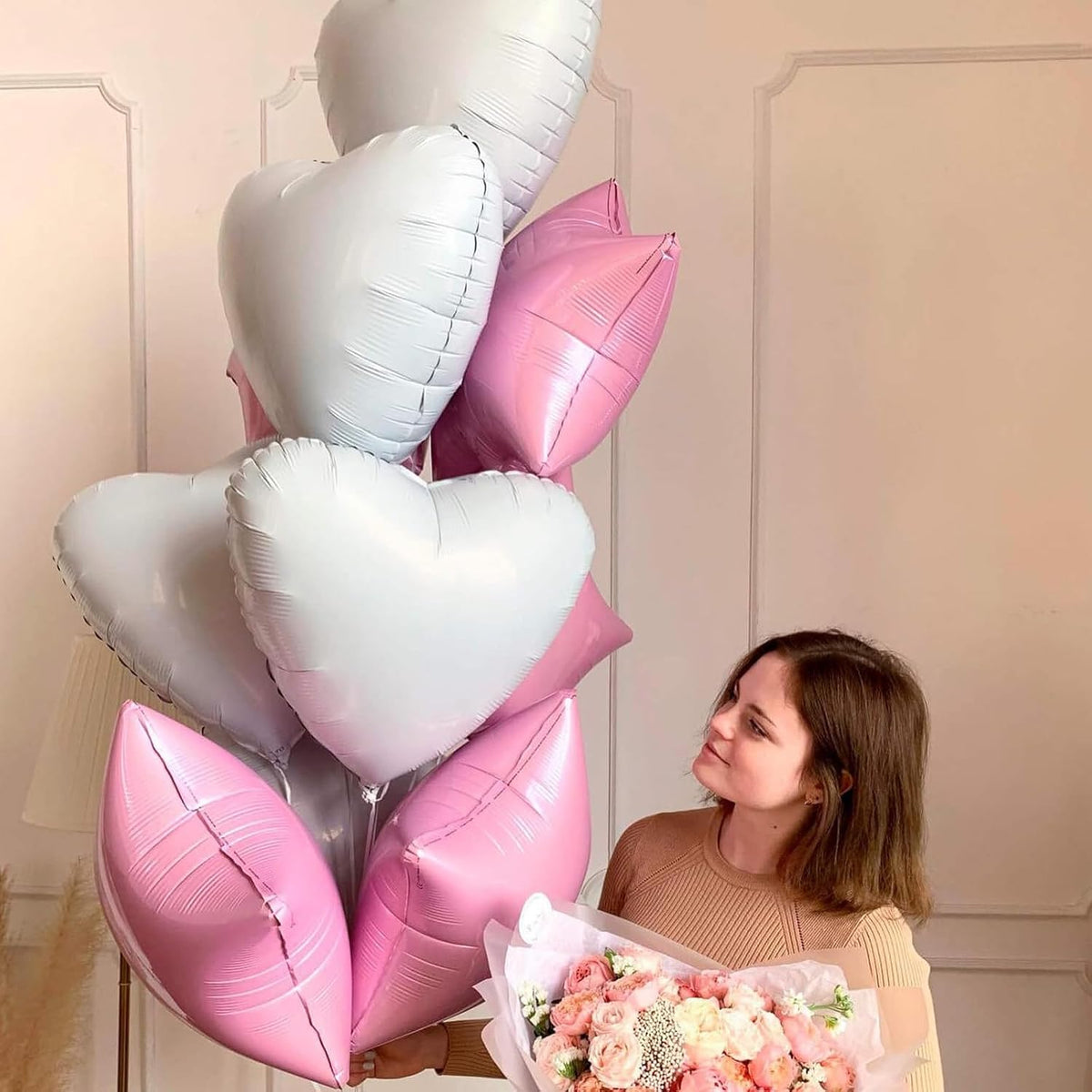 Biapian White Heart Balloons Helium, 10PCS White Foil Heart Shape Balloons Valentines 18inch